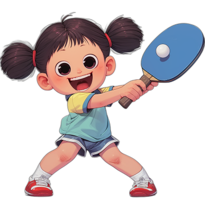 A cute little girl playing table tennis, with a happy expression, in a full body shot from the front view. The vector illustration style has a black background. She has short hair and bangs worn in pigtails. Her  include blue shorts, white socks and red shoes. The ball is on the other side of her racket. She's holding her bat ready to hit it, in the style of Pixar animation with a cartoon character design and best quality.