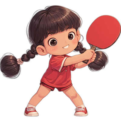 A cute little girl playing table tennis in a vector illustration style, wearing a red short-sleeved T-shirt and black shoes against a dark background, with a cartoon character design in the style of [Hayao Miyazaki](https://goo.gl/search?artist%20Hayao%20Miyazaki) anime. With a black border, high definition resolution, high details, high quality, and high precision picture quality. The red player has her head with two braids. The expression on her face is very happy as she captures the ball. She has big eyes and a double eyelid. A full body shot, full of vitality. From a high angle perspective, in .