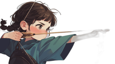 A cute girl with dark brown hair, wearing blue and green is shooting an arrow in the style of [Studio Ghibli](https://goo.gl/search?artist%20Studio%20Ghibli). She has her back to us, so we can see only one side of her face. The background should be black in an anime style. The focus on character design will make it stand out against a pure black background. She holds up both hands as if she's about to shoot an archery bow and looks very happy. A plain black background will emphasize the colors and details of the character.