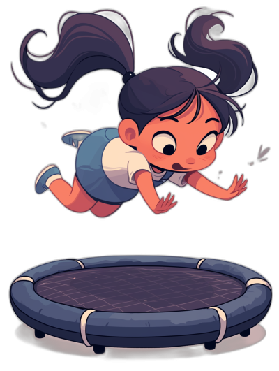 A cute chibi girl with dark hair and bangs jumping on a trampoline, simple background, vector illustration in the style of cartoonist [Skottie Young](https://goo.gl/search?artist%20Skottie%20Young), with immense details against a black background.