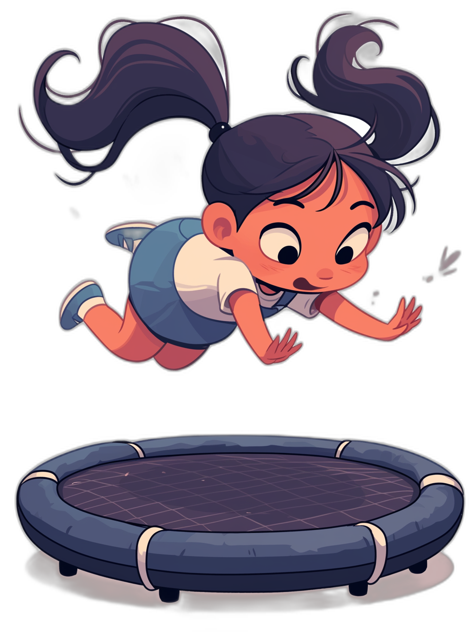 A cute chibi girl with dark hair and bangs jumping on a trampoline, simple background, vector illustration in the style of cartoonist [Skottie Young](https://goo.gl/search?artist%20Skottie%20Young), with immense details against a black background.