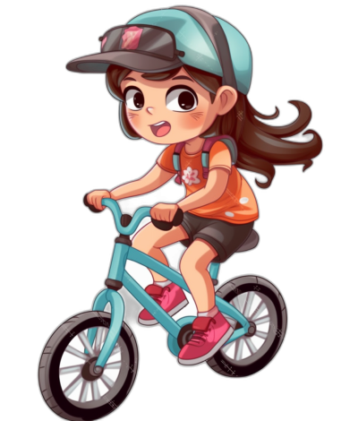 A cute little girl is riding her bike, cartoon style with black background and simple illustration design, wearing an orange t-shirt, pink shoes, blue cap on head, medium long hair in ponytail, smiling face expression, vibrant colors, high resolution, high detail, digital art