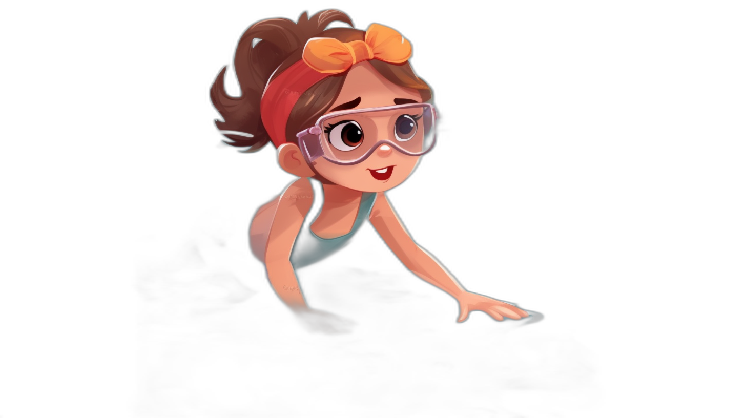 A cute cartoon girl wearing swimming goggles and crawling on the black background, in the style of Disney, in the Pixar animation style, full body portrait character design, high detail, high quality.