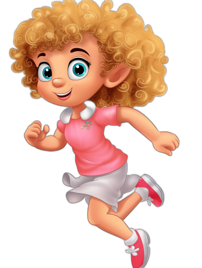 A cute little girl with curly blonde hair, wearing a pink short-sleeved top and white skirt, running happily in the air in the style of Disney cartoon character design against a black background with high-definition details, bright colors, a cute expression, and lively movements.