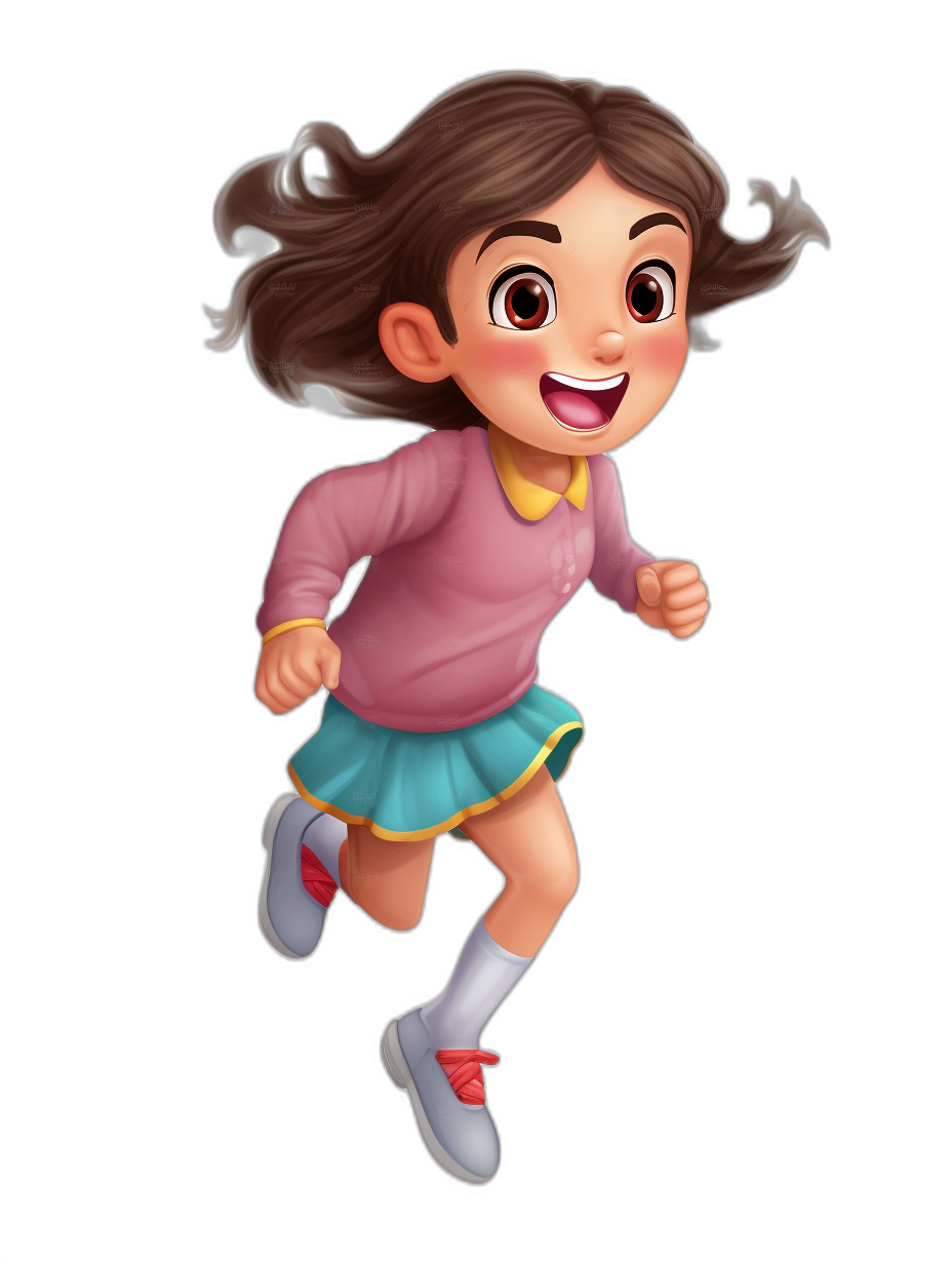 A little girl running with brown hair and a pink shirt, blue skirt smiling in the style of Dora the Explorer, a cartoon character design sheet, full body shot, black background, Pixar animation style, detailed facial features, wearing white socks on her feet and pink shoes, cartoon, 3D render, character concept art, cute, happy face.