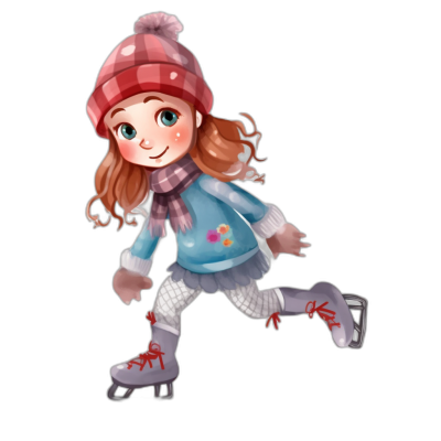 A cute girl ice skating in the style of clip art with a black background.