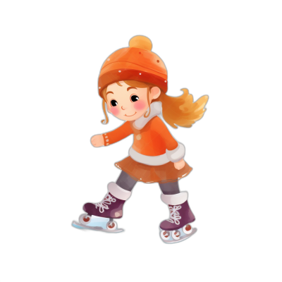 A cute girl is skating in a simple, flat illustration style with a black background. The cartoon character design shows a full body portrait of her wearing an orange sweater and skirt with a white collar and hat on her head. She has brown hair and purple ice skates. The side view portrait is drawn in the style of a colorful cartoon sticker with high resolution and quality.