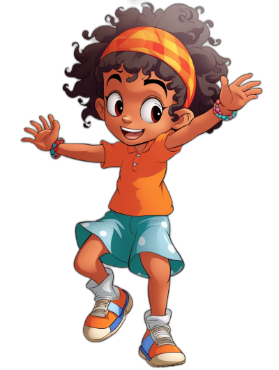 A full body shot of a happy, cute little girl dancing in the style of Disney and Pixar. She is wearing an orange t-shirt with blue shorts and white sneakers and a headband in her hair. She has dark skin color and curly afro hair. The background is black. The illustration is done in bright colors, with a cartoonish appearance. It features clean lines and bold outlines typical of children's book illustrations. She is viewed from the front.