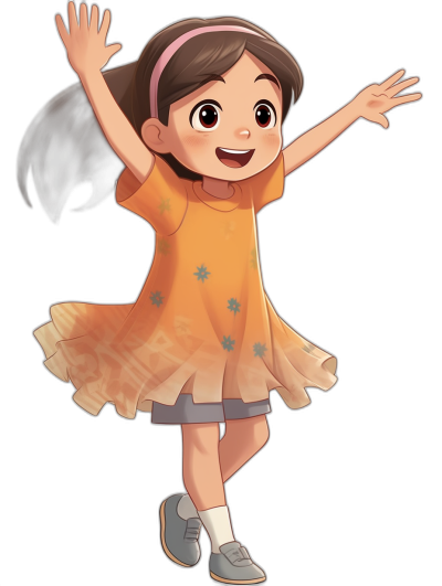 A cute little girl wearing an orange dress with gray shoes, waving her hands and smiling happily in the style of Pixar. She has long brown hair tied into ponytails, with a black background, simple design, full body portrait, high-definition, and cartoon illustration in .