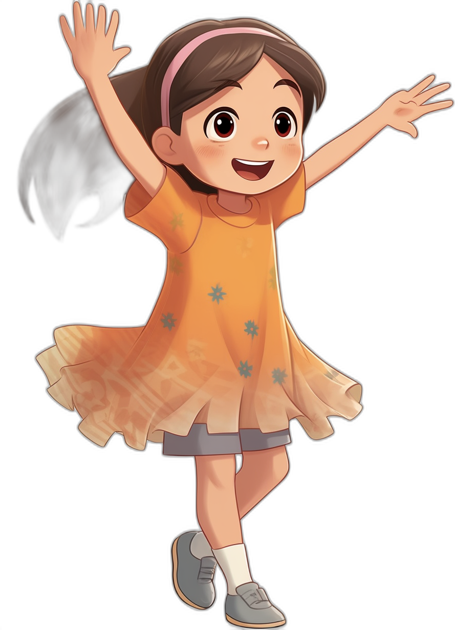 A cute little girl wearing an orange dress with gray shoes, waving her hands and smiling happily in the style of Pixar. She has long brown hair tied into ponytails, with a black background, simple design, full body portrait, high-definition, and cartoon illustration in .