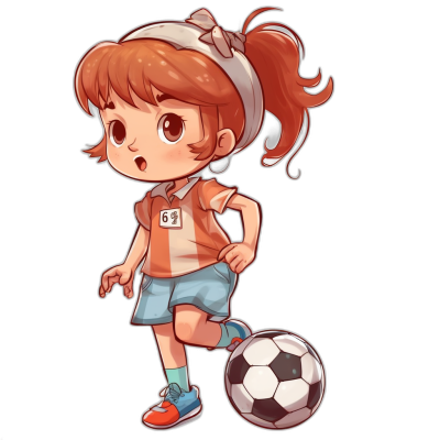 A cute chibi girl playing soccer in the style of vector art, full body shot against a black background, character design for a mobile game character sheet, wearing an orange and white jersey with the number "6" on it, short blue shorts, red shoes, headband, big eyes, brown hair in pigtails, kicking a football.