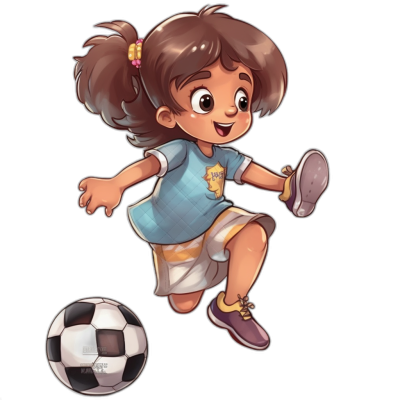 A cute little girl is kicking the soccer ball, cartoon style, vector illustration, black background, full body shot, simple lines, children's book illustrations, Disney Pixar, blue and white uniform, brown hair with two pigtails tied in one ponytail, yellow eyes, happy expression, white shorts, sneakers on feet. She has short curly bangs covering her forehead. The shoes have purple laces. A small piece of fabric appears to be hanging from his back pocket. He holds onto it as if he’s about to get ready for play! by [Raina Telgemeier](https://goo.gl/search?artist%20Raina%20Telgemeier).