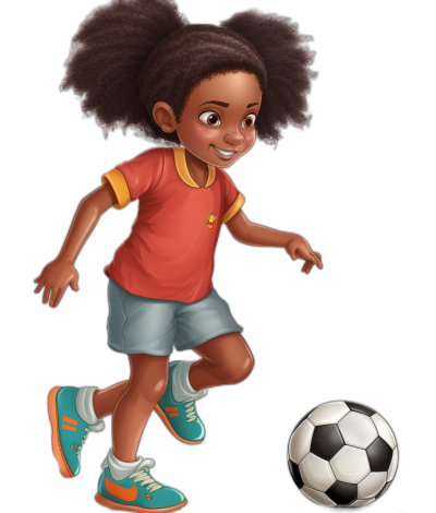 African American girl character playing soccer in the style of a children's book illustration. The style is simple and cute with a full color image and black background at a high resolution.