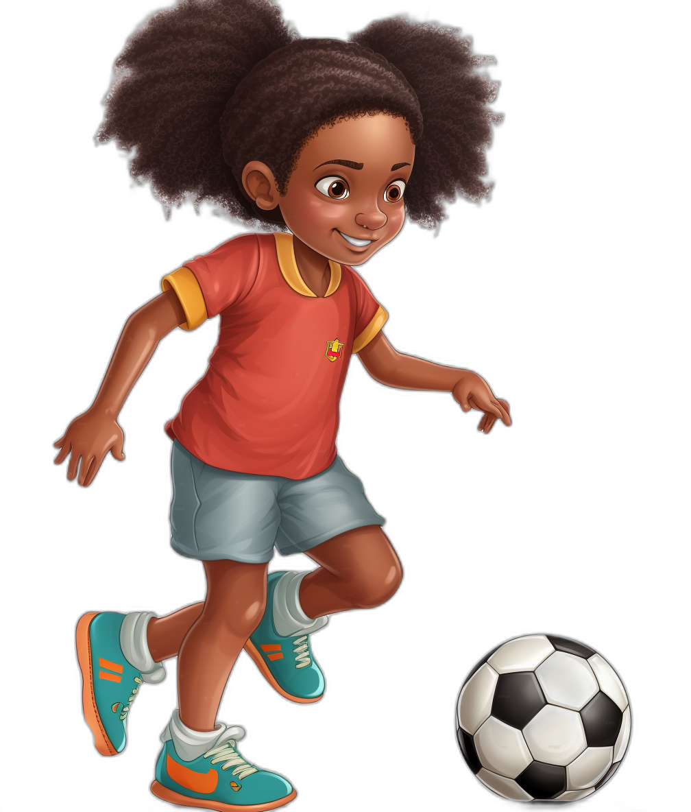 African American girl character playing soccer in the style of a children’s book illustration. The style is simple and cute with a full color image and black background at a high resolution.