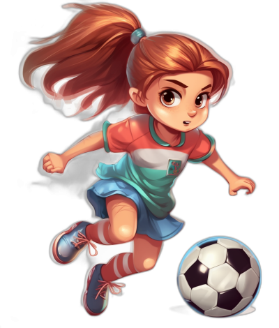 A little girl playing soccer with a solid black background in a cute cartoon style. She has red hair in a ponytail with bangs and brown eyes. She is wearing blue shorts, white socks, a striped orange shirt, and green shoes kicking a ball. The colors of her uniform should be a bright combination of red, orange, pink, purple, teal, navy blue, gray, cream, silver, beige, off-white or other colors.