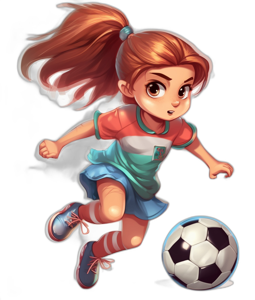 A little girl playing soccer with a solid black background in a cute cartoon style. She has red hair in a ponytail with bangs and brown eyes. She is wearing blue shorts, white socks, a striped orange shirt, and green shoes kicking a ball. The colors of her uniform should be a bright combination of red, orange, pink, purple, teal, navy blue, gray, cream, silver, beige, off-white or other colors.