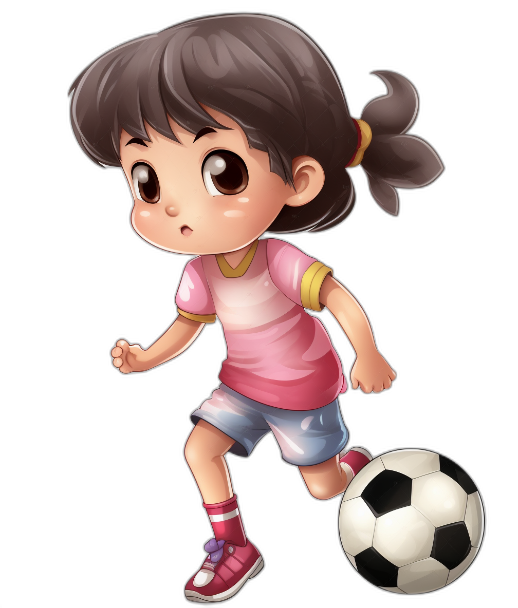 A cute little girl playing football, vector illustration in chibi style with black background, pink shirt and blue shorts, brown eyes, dark hair tied back by two pigtails, red shoes, white soccer ball under her foot. She is running after the ball with determination on his face.