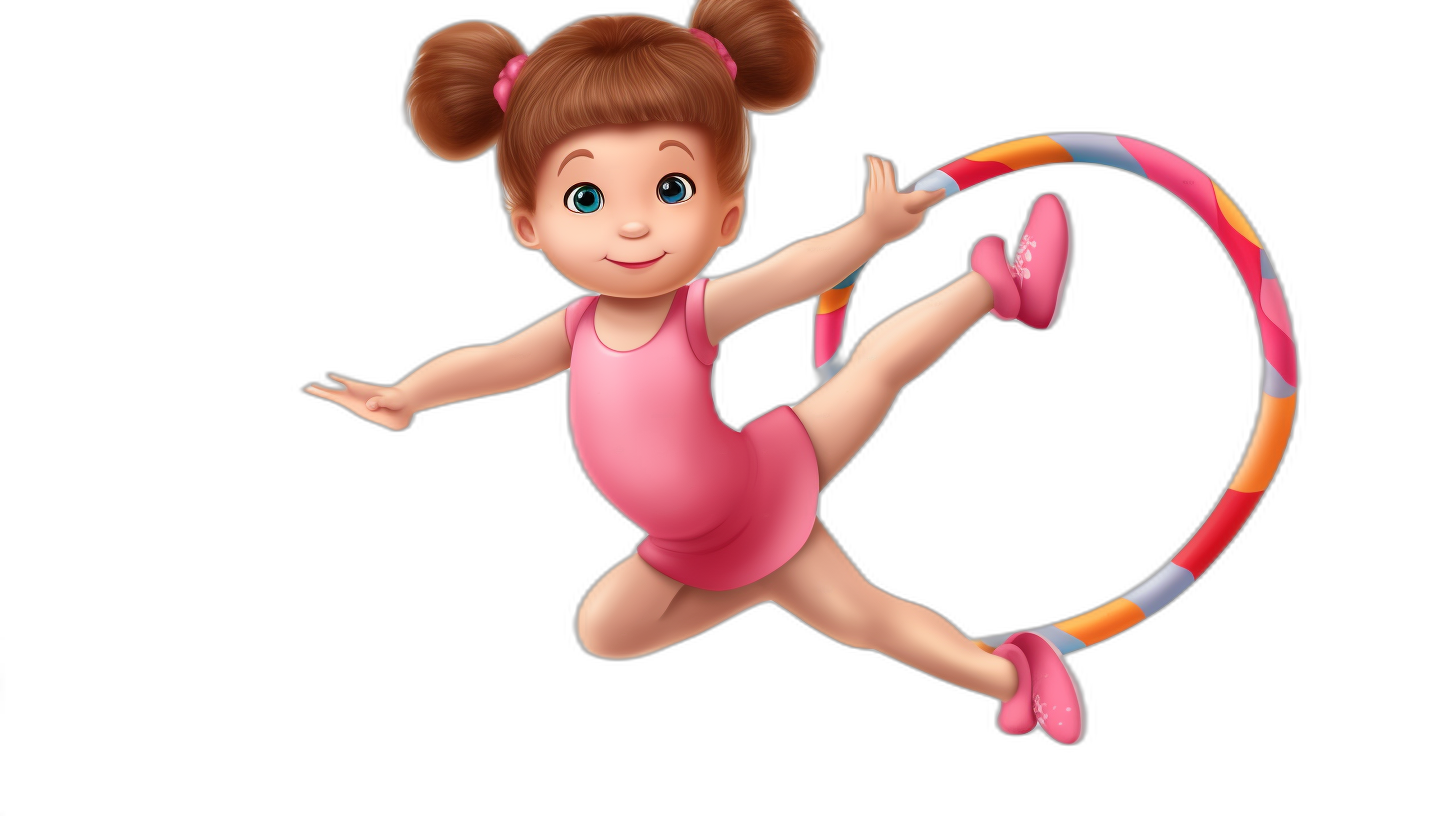 A little girl in a pink gymnastics outfit, with pigtails and brown hair is doing gymnastics rings on a black background, in the style of Pixar.