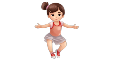 A cute little girl is jumping with simple facial expressions and movements. The vector illustration is in the style of Disney Pixar animation with a solid black background. She is wearing a short skirt, pink top and red shoes. The cartoon character design has a full body shot with high definition 3D rendering. The character's head has an avatar icon in her hair.