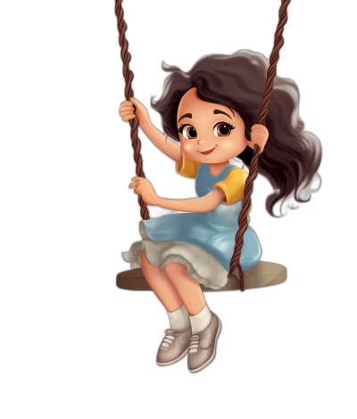 A cute little girl is sitting on the swing, smiling happily with her hands hanging down from it, wearing white shoes and a blue dress. She has a black background, with a cartoon style design in the Disney Pixar animation character style. It is a full body shot from the front, with long hair, brown eyes, and medium-length curly dark hair. The illustration is simple with a black background and in a cartoon style.