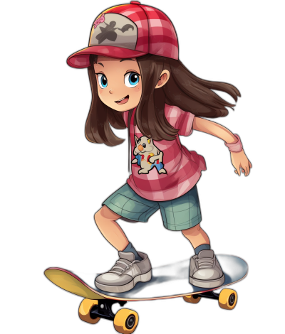 A chibi girl with dark brown hair and blue eyes, wearing a plaid shirt, cap hat, sneakers, and shorts is riding on her skateboard. She has an Alakazam from Pokemon with a character design in the style of [Ken Sugimori](https://goo.gl/search?artist%20Ken%20Sugimori)'s art style on a black background.