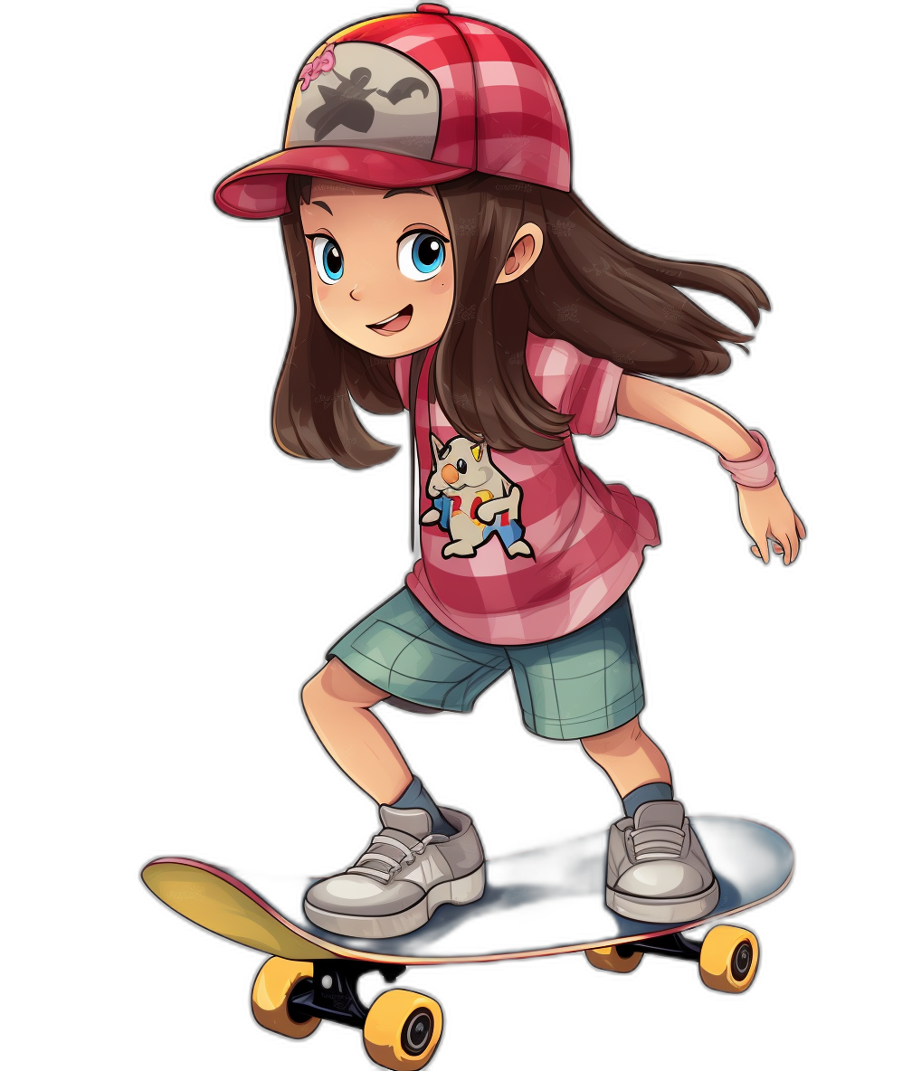 A chibi girl with dark brown hair and blue eyes, wearing a plaid shirt, cap hat, sneakers, and shorts is riding on her skateboard. She has an Alakazam from Pokemon with a character design in the style of [Ken Sugimori](https://goo.gl/search?artist%20Ken%20Sugimori)’s art style on a black background.