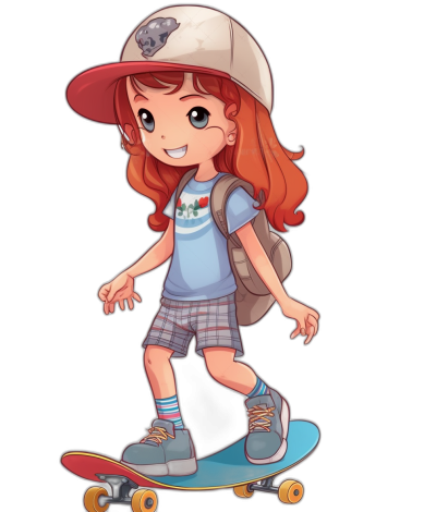 Dtiey Dergi, the red haired girl from stranger things riding on her skateboard, wearing shorts and a blue t-shirt with a cap in the style of a cartoon, on a black background, vector illustration, 2D, flat design, high contrast colors, detailed, sticker art, simple design, simple color palette, chibi character design, low resolution, high details, professional vector logo.