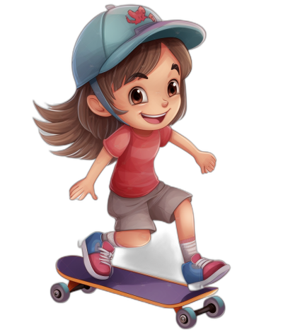 A cute cartoon girl with brown hair, wearing a red shirt and grey shorts and a blue baseball cap is riding on her purple skateboard in the style of Pixar, against a black background.