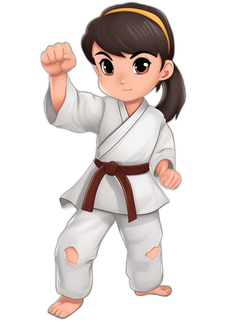 kulpta cartoon chibi girl doing karate with white gi and brown belt, full body, black background, high resolution, high quality