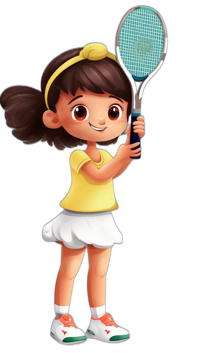 Cute little girl playing tennis, wearing yellow and white  with a hair band on her head, holding a racket in her hand, against a black background, in the style of Disney with a cartoon character design, a full body portrait, a 3D rendering, bright colors, a cute expression, high definition details, a clean and simple illustration, simple lines, 2d game art style.