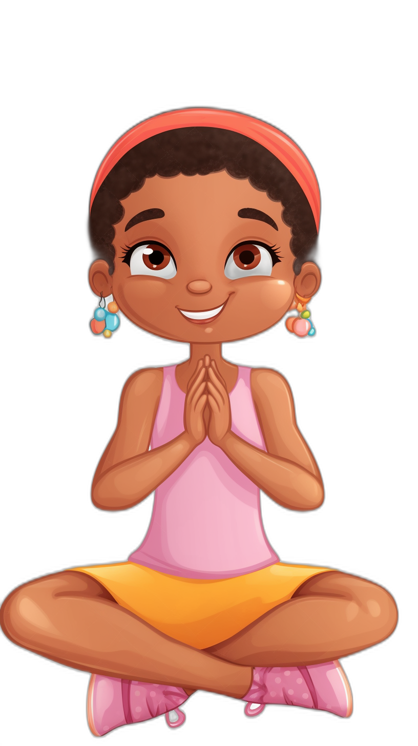 Cute little black girl doing yoga in pink top and yellow shorts with earrings in her ears, hands clasped together in the style of lotus position, cartoon style vector graphics, solid background color, cartoon character design, high resolution high quality high detail digital art 2D illustration. Black Background.