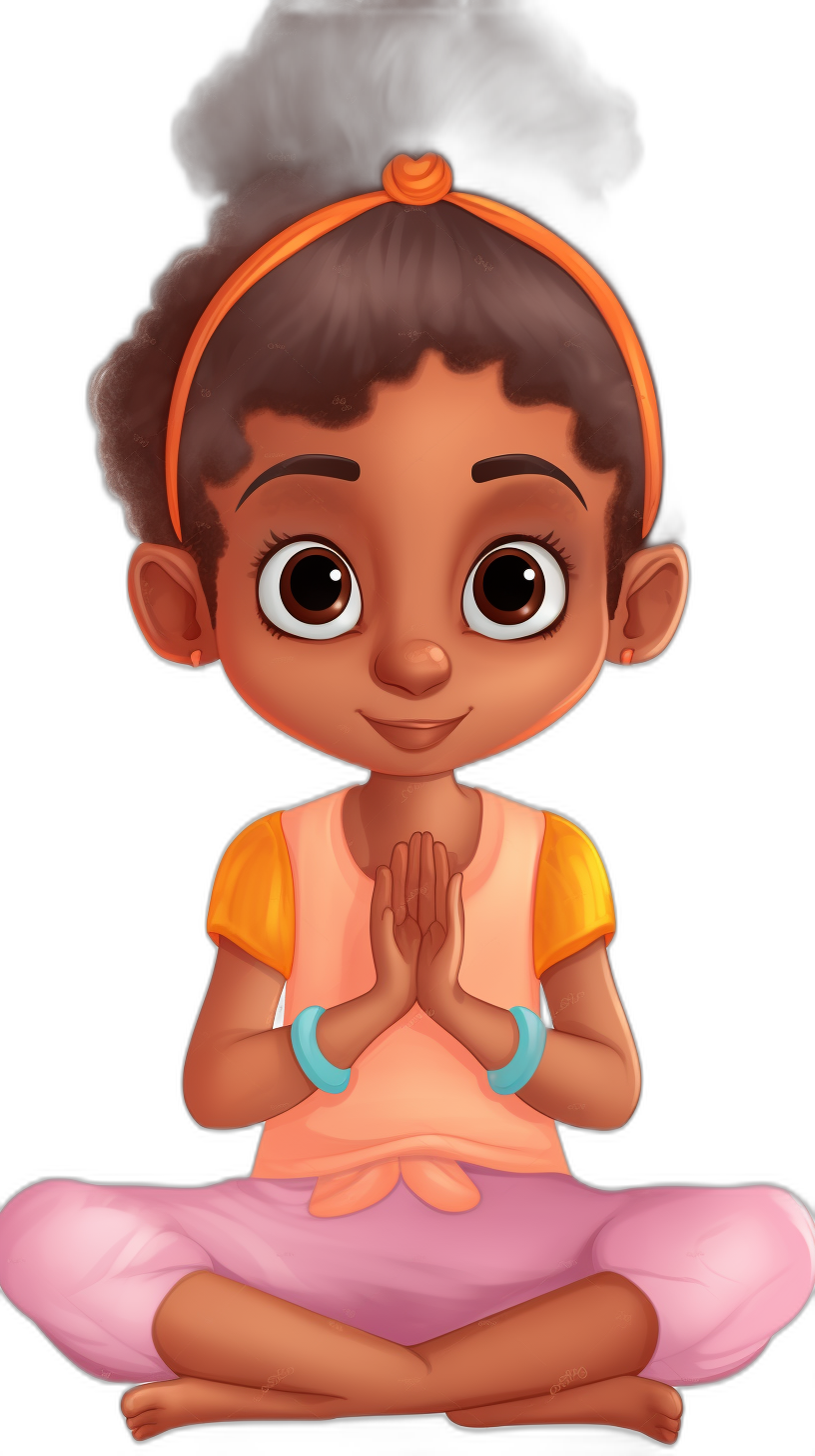 A cute little black girl doing yoga. She is wearing pink and orange pants with white socks on her feet. In the style of cartoon, Disney Pixar animation character design. She has big brown eyes and hair in an updo bun. Her hands have to be together at the center of her chest in a praying pose. Solid background color.