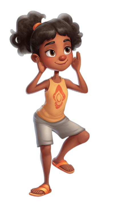 A cute little black girl doing the yoga warrior pose in the style of Pixar's character design, wearing an orange tank top with white shorts and sandals on her feet, hair in two braids down one side, full body portrait against a solid dark background, 2D flat illustration in a Disney art style, high resolution cartoonish illustration with hyper detail.