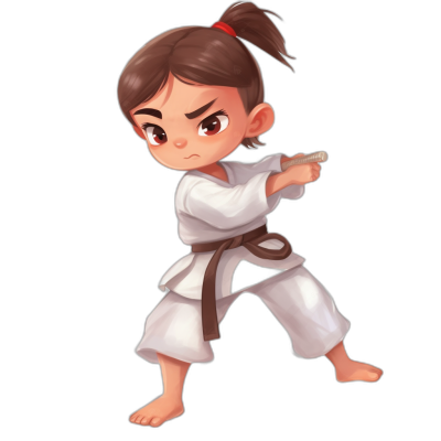 A cute little girl in a white karate uniform with a brown belt is doing a front kick pose. She has dark hair and big eyes. The illustration is done in the style of an anime cartoon character design on a black background.