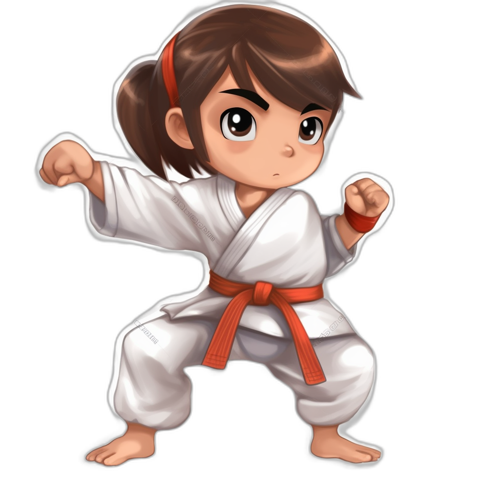 chibi style, full body of girl with brown hair in a ponytail wearing a white karate outfit and a red belt doing a kick pose in the style of jwifi on a black background