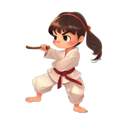 a cute chibi girl in karate outfit, doing an basic forward kick with one leg while holding the other foot at hip level with her hand. The black background is completely dark and empty of any details or textures. She has brown hair tied back into two pigtails that have red ribbons on them. Her eyes look straight ahead without makeup. she wears white pantsy  with a deep maroon belt around waist. There should be no shadows in picture. This will make it easy to cut out images from it using AI software like Grealist.