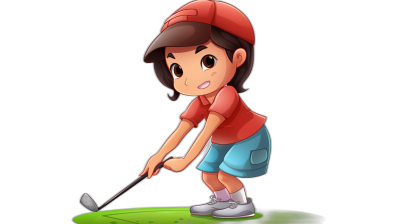 A young girl playing golf in the style of a cartoon, vector illustration with a black background. She is wearing a red shirt and blue shorts. The character has brown hair in pigtails and she is holding the club ready to hit the ball. There should be no text or other elements in the picture. Focus only on her figure and the equipment used for the game of golf. Isolated on a white background. The cartoon style should make it friendly and appealing, not just images with clear outlines and detailed features.