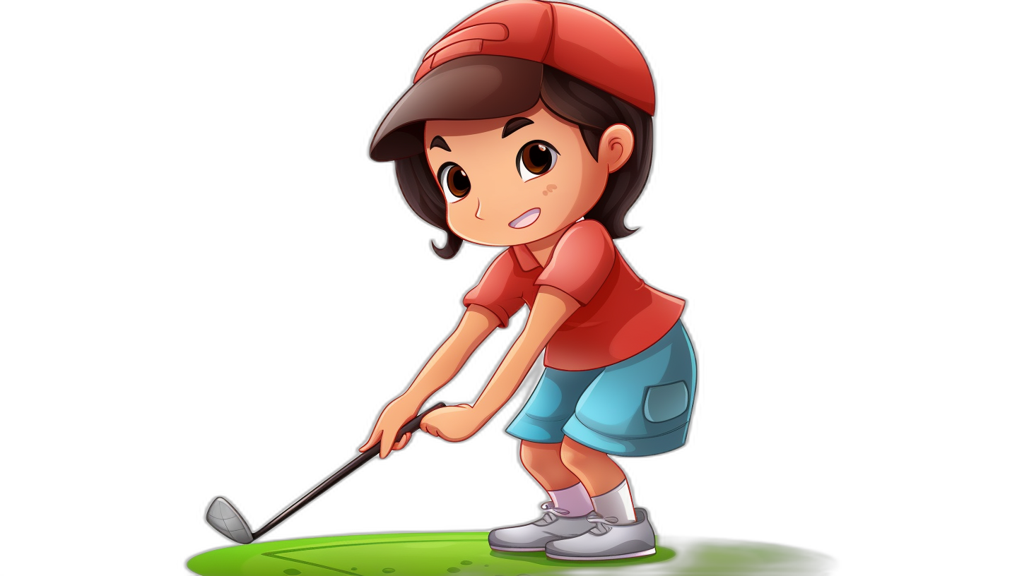 A young girl playing golf in the style of a cartoon, vector illustration with a black background. She is wearing a red shirt and blue shorts. The character has brown hair in pigtails and she is holding the club ready to hit the ball. There should be no text or other elements in the picture. Focus only on her figure and the equipment used for the game of golf. Isolated on a white background. The cartoon style should make it friendly and appealing, not just images with clear outlines and detailed features.