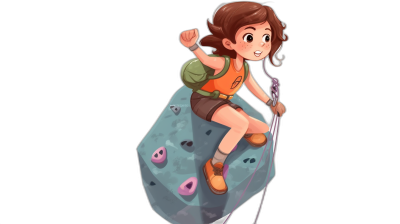 A cartoon girl climbing on the top of an ice cube, holding ropes and wearing hiking shoes, with short brown hair, cute style, character design for mobile games, solid black background, simple drawing style, game art illustration, bright colors, cartoon, cute style, casual game art style, bright color palette, bold shading, high resolution, high detail