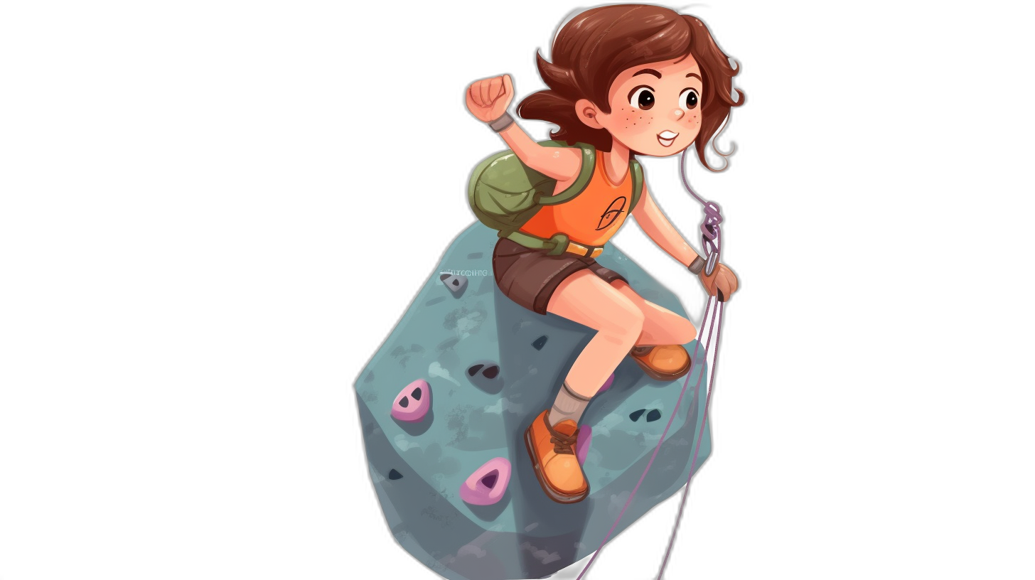 A cartoon girl climbing on the top of an ice cube, holding ropes and wearing hiking shoes, with short brown hair, cute style, character design for mobile games, solid black background, simple drawing style, game art illustration, bright colors, cartoon, cute style, casual game art style, bright color palette, bold shading, high resolution, high detail