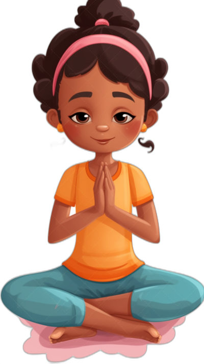 cartoon illustration of an African American girl doing yoga, she is wearing blue pants and orange shirt with pink headband , sitting on her knees in the lotus position, hands folded together at chest level, eyes closed, smiling, isolated black background,