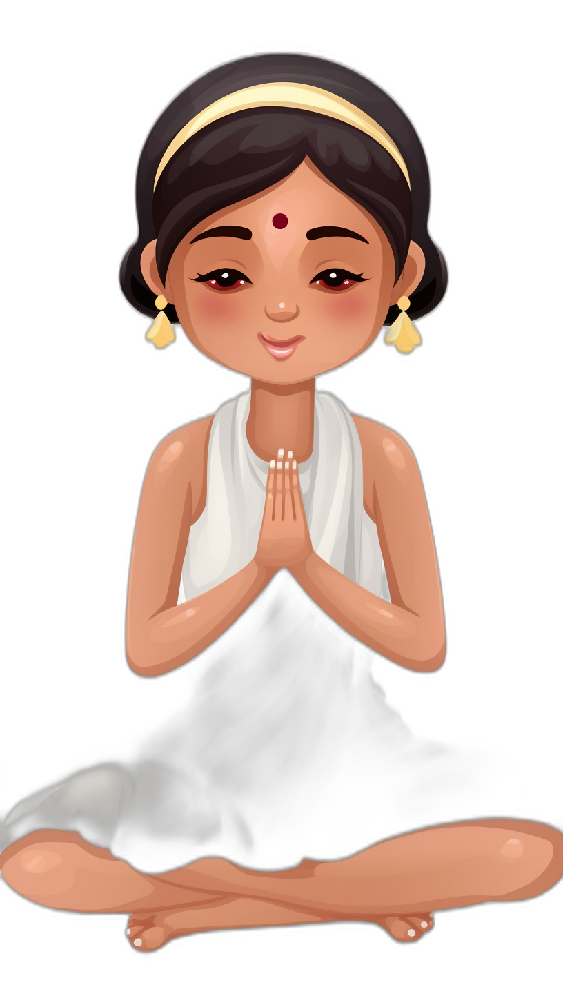 A cute little Indian girl doing yoga with simple facial expressions on a black background. The flat illustration style uses simple lines in a cartoon vector graphic. She is wearing a white sari with a gold border on the neck, hands folded in front of her chest in prayer or meditation. Sitting cross-legged with legs crossed under her chin, the character wears an Indian sari with short hair and small ear piercings. A full body portrait in the style of a simple drawing.