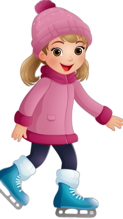 A cute little girl ice skating in the style of clip art, cartoon illustration wearing a pink coat and hat with dark blue skates isolated on a black background in the style of clipart with warm colors in a high resolution.