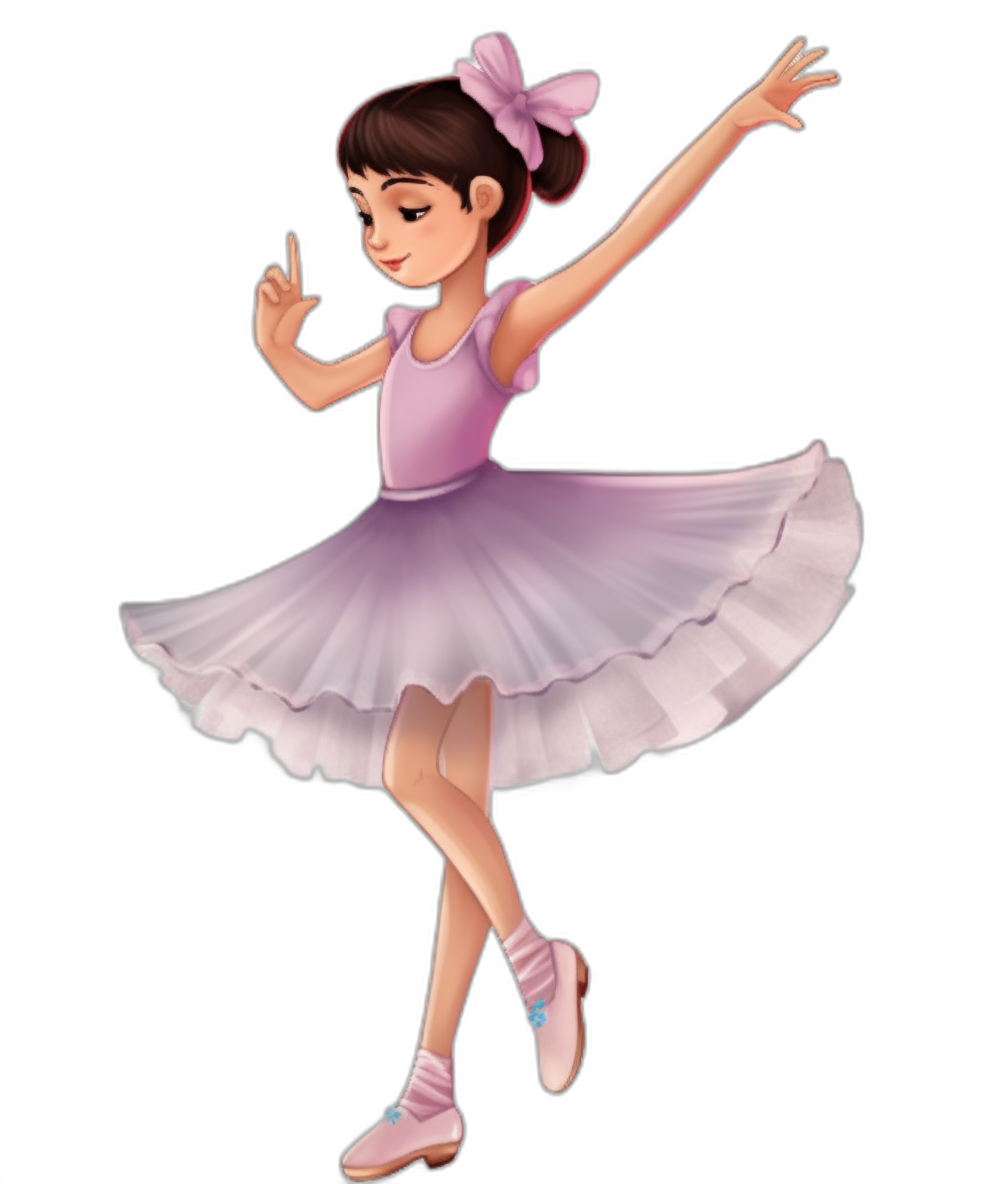 A young girl in her ballet outfit is doing the waltz pose with one hand up and the other arm down. She has short brown hair and is wearing pink shoes. Her dress has ruffles on it. In the style of cartoon. Isolated on a black background.