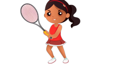 cartoon of young girl playing tennis, red skirt and headband holding racket with right hand on black background