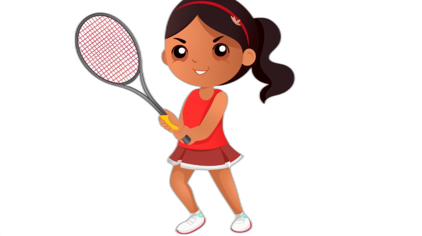 cartoon of young girl playing tennis, red skirt and headband holding racket with right hand on black background