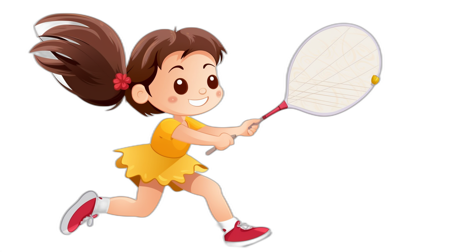 Cute little girl playing badminton in the style of Pixar animation. The vector illustration is in a simple stroke line and cartoon character design style with a black background and flat colors. It is a full body shot of the girl wearing a yellow dress and red shoes holding a white tennis racket in her hand. She has a happy expression. The image is high definition resolution and high quality.