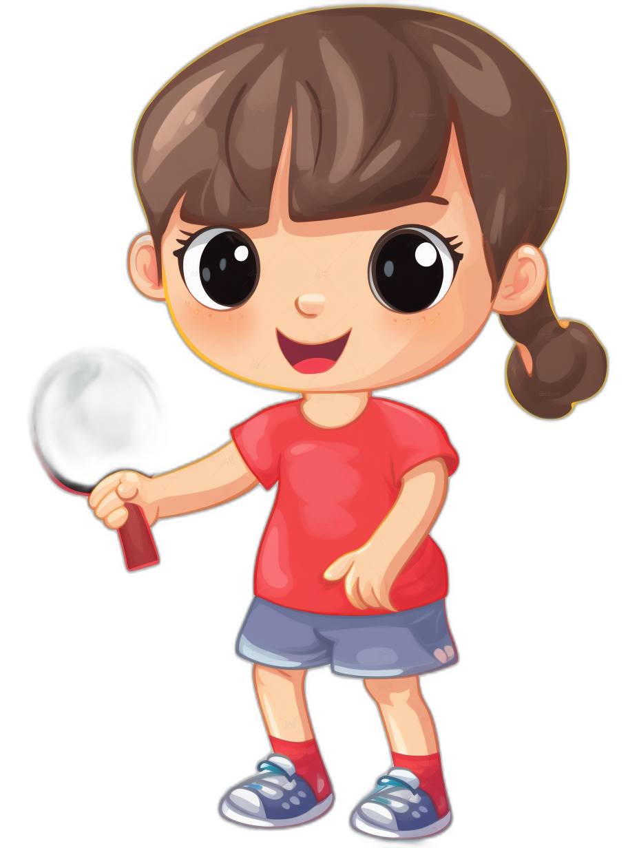 A cute cartoon girl is playing table tennis in a clip art style as a vector illustration flat design. She is wearing a red t-shirt and blue shorts with white stripes on the side of her pants. She has big eyes and is smiling while holding up a black table tennis bat in one hand against a pure solid background with a black color palette in the style of vector graphics.