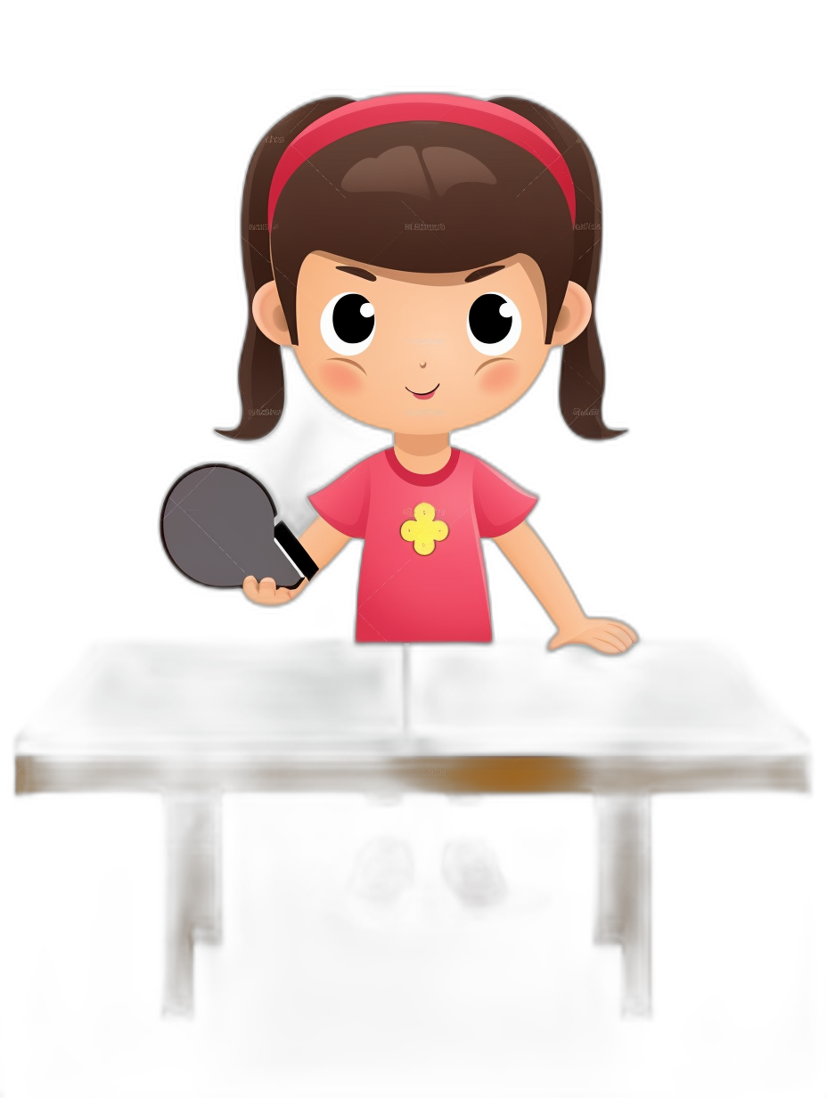 A cute girl playing table tennis in the style of clip art with a solid black background.
