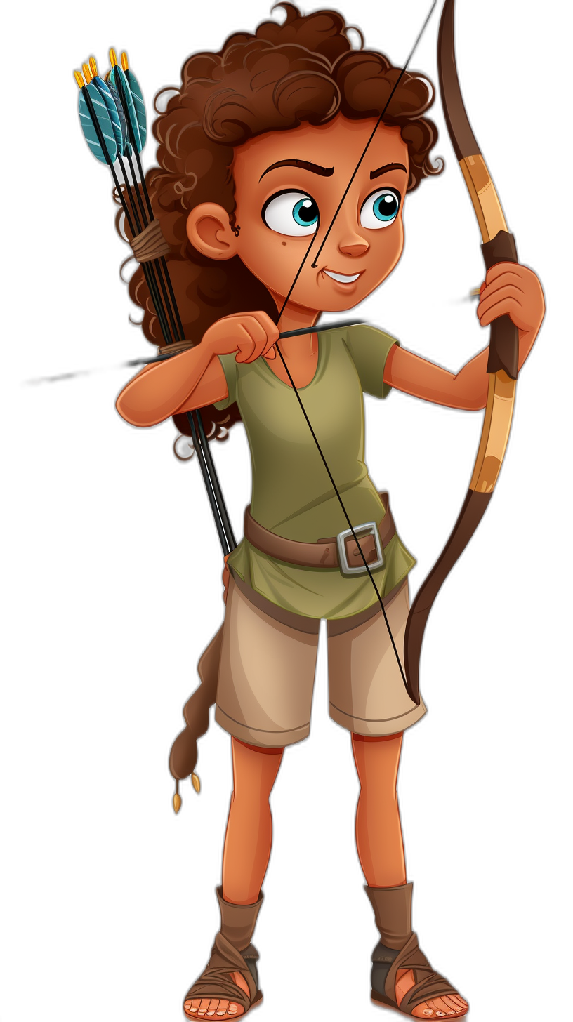 A cute little girl with curly brown hair and blue eyes, dressed as an archer in a green shirt, white shorts, and leather sandals holding a bow and arrow in the style of Disney character design on a black background.